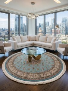 pure silk Round Persian-Style 2x2mt — Elegant Teal Beige, Excellent Condition - Image 3